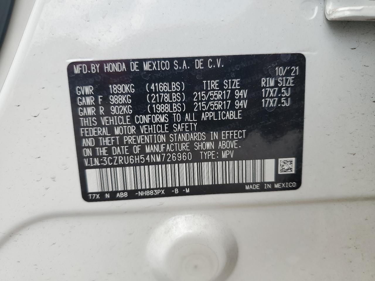 2022 Honda Hr-V Ex VIN: 3CZRU6H54NM726960 Lot: 62605865