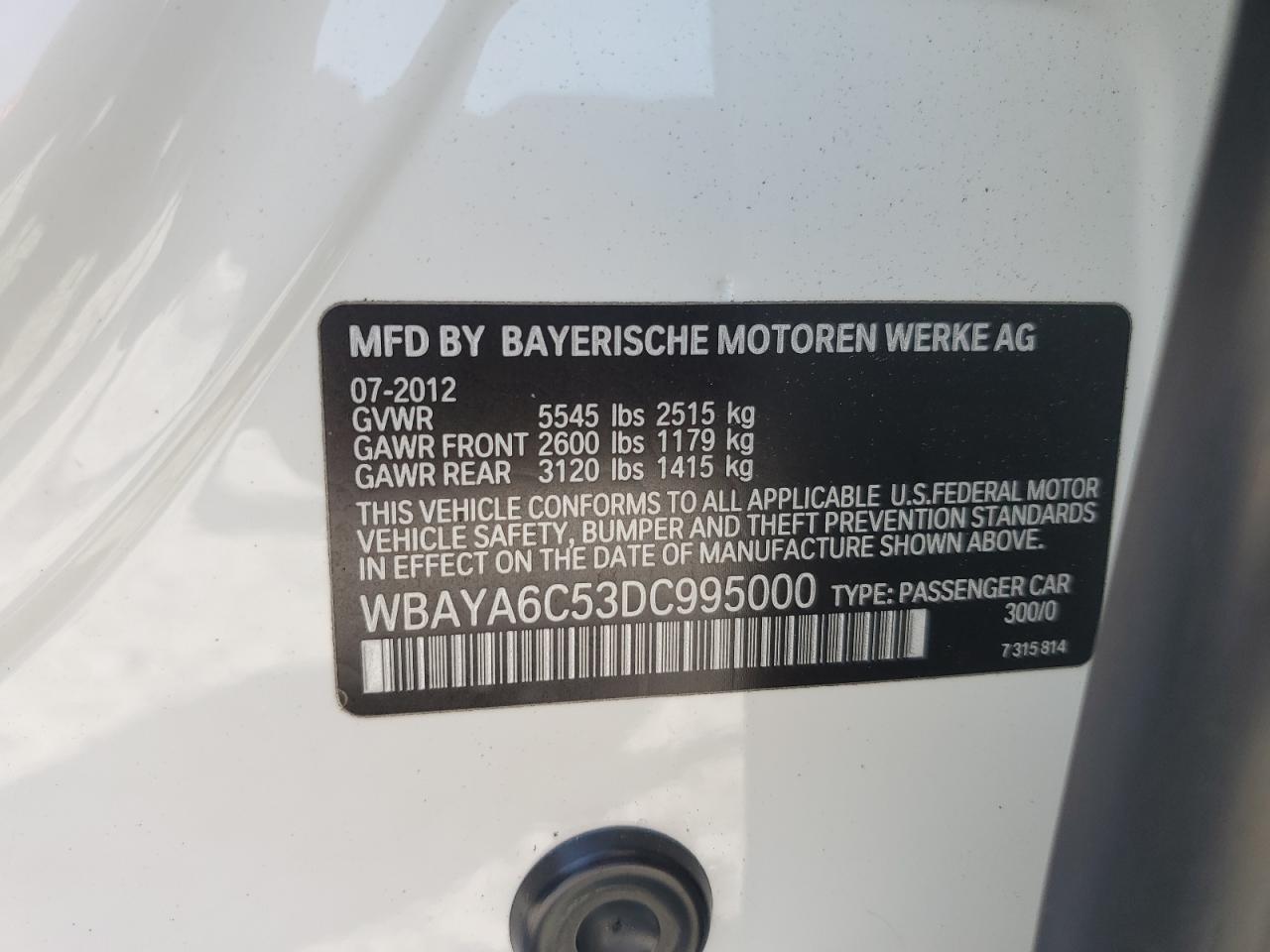 2013 BMW 740 I VIN: WBAYA6C53DC995000 Lot: 61667085