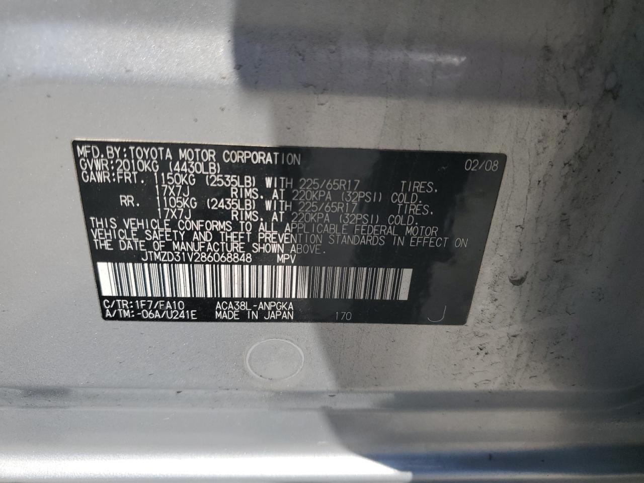 2008 Toyota Rav4 Limited VIN: JTMZD31V286068848 Lot: 61050575