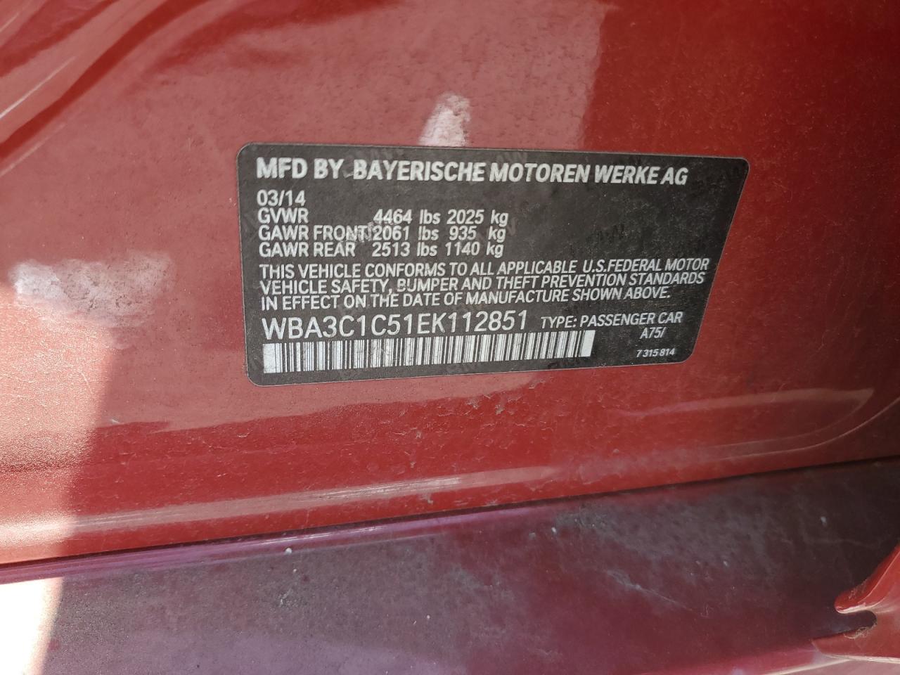 2014 BMW 328 I Sulev VIN: WBA3C1C51EK112851 Lot: 51550345