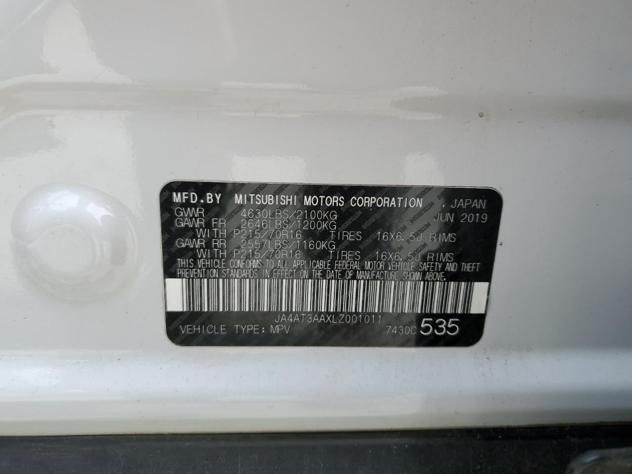 2020 Mitsubishi Eclipse Cross Es VIN: JA4AT3AAXLZ001011 Lot: 59842775