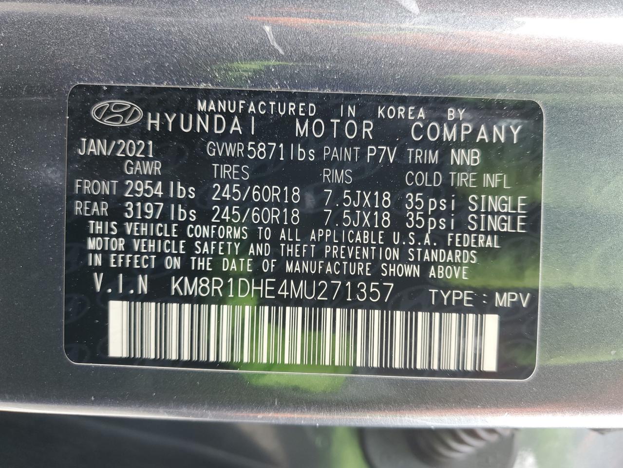2021 Hyundai Palisade Se VIN: KM8R1DHE4MU271357 Lot: 60754775
