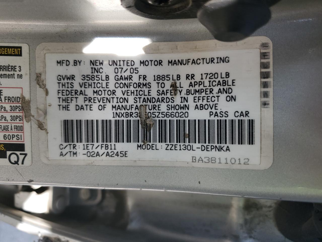 2005 Toyota Corolla Ce VIN: 1NXBR32E05Z566020 Lot: 62394065