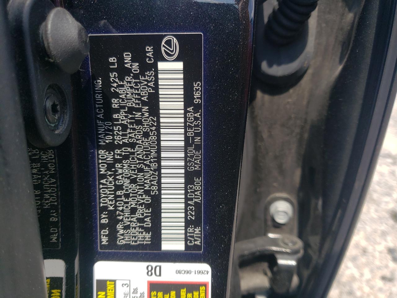 2021 Lexus Es 350 Base VIN: 58ADZ1B11MU085422 Lot: 58796185