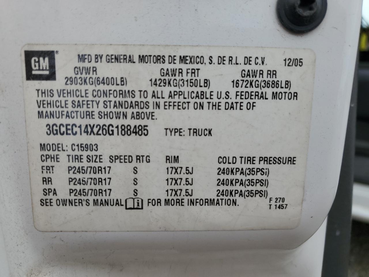 2006 Chevrolet Silverado C1500 VIN: 3GCEC14X26G188485 Lot: 59727275