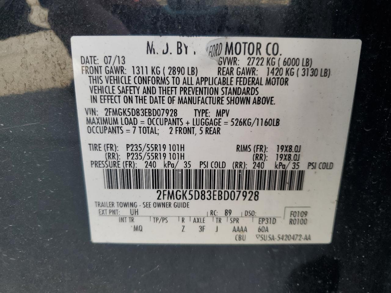 2014 Ford Flex Limited VIN: 2FMGK5D83EBD07928 Lot: 62177845