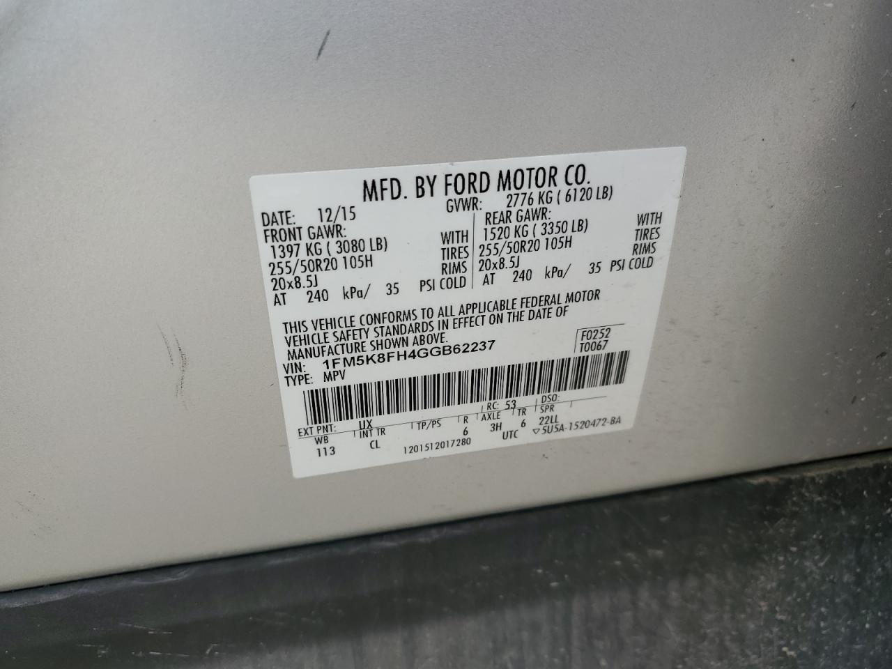 2016 Ford Explorer Limited VIN: 1FM5K8FH4GGB62237 Lot: 62487885