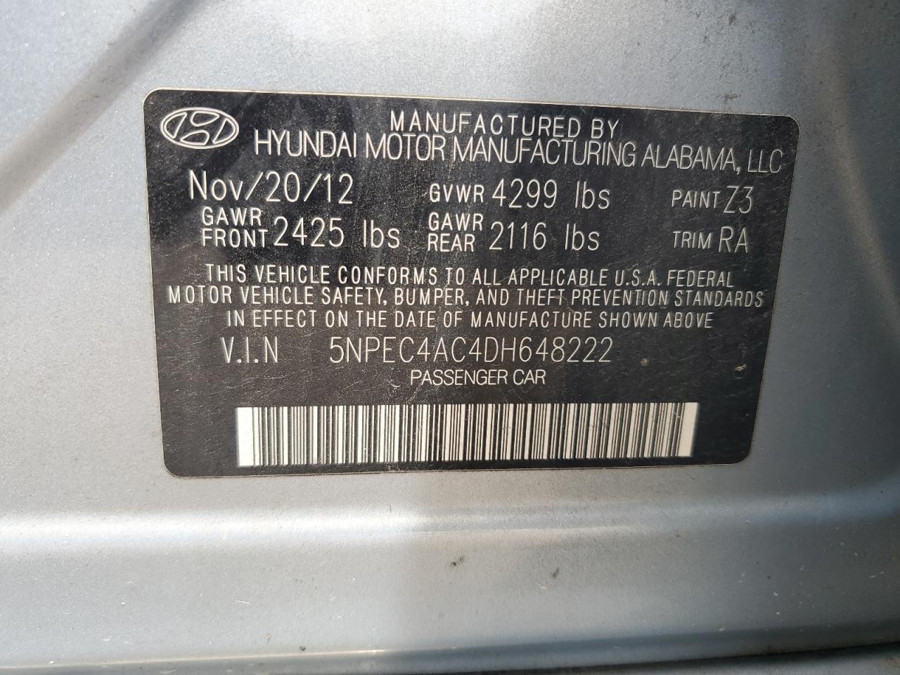 2013 Hyundai Sonata Se VIN: 5NPEC4AC4DH648222 Lot: 61864055