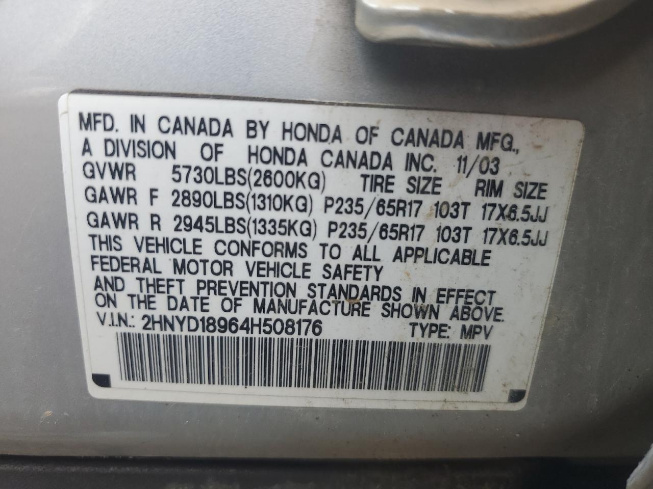 2004 Acura Mdx Touring VIN: 2HNYD18964H508176 Lot: 61466505