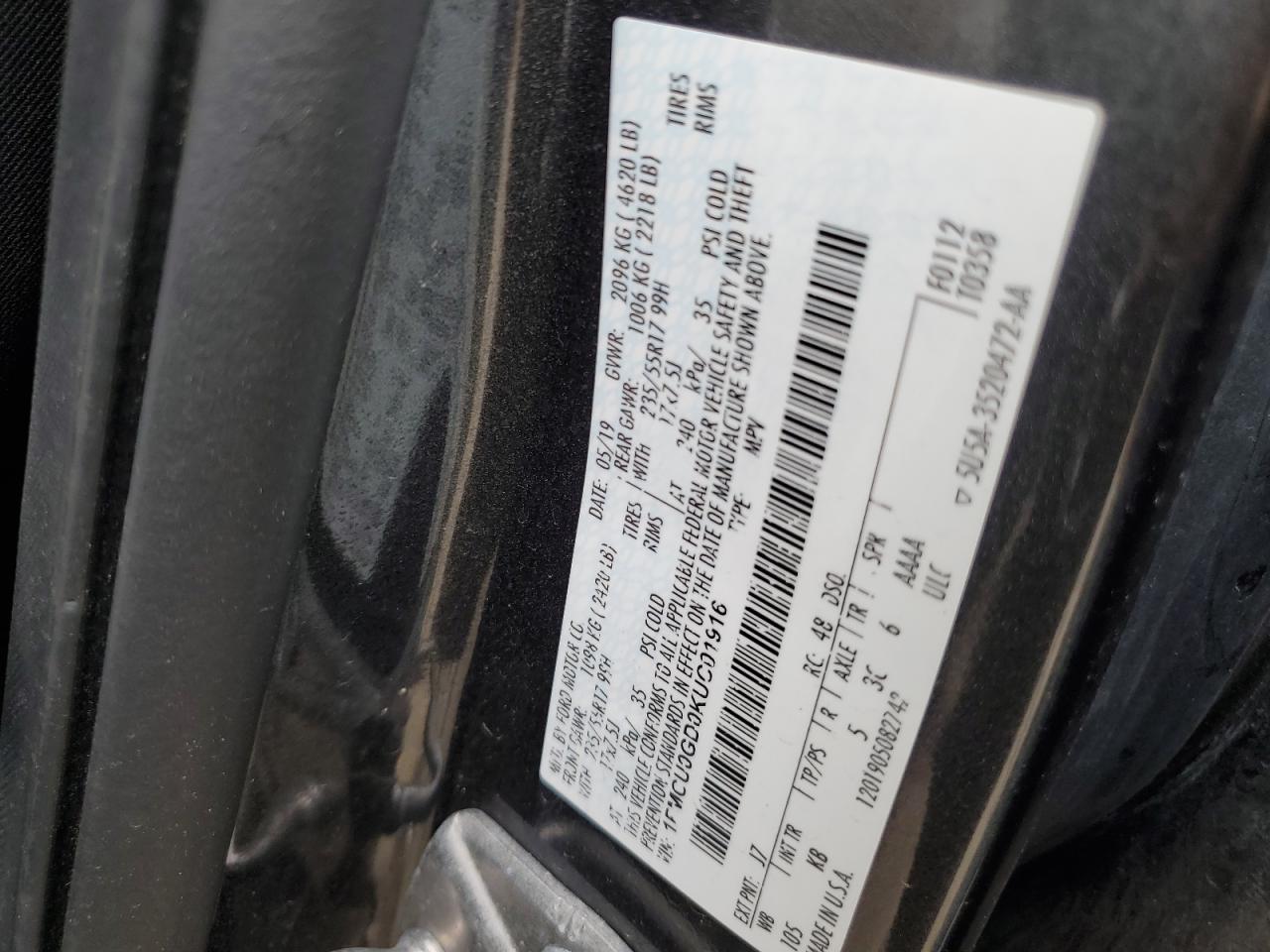 2019 Ford Escape Se VIN: 1FMCU0GD0KUC01916 Lot: 62740675