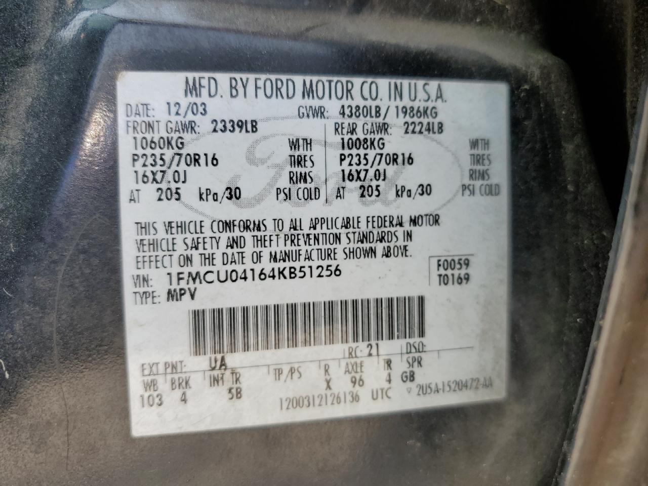 2004 Ford Escape Limited VIN: 1FMCU04164KB51256 Lot: 58969565