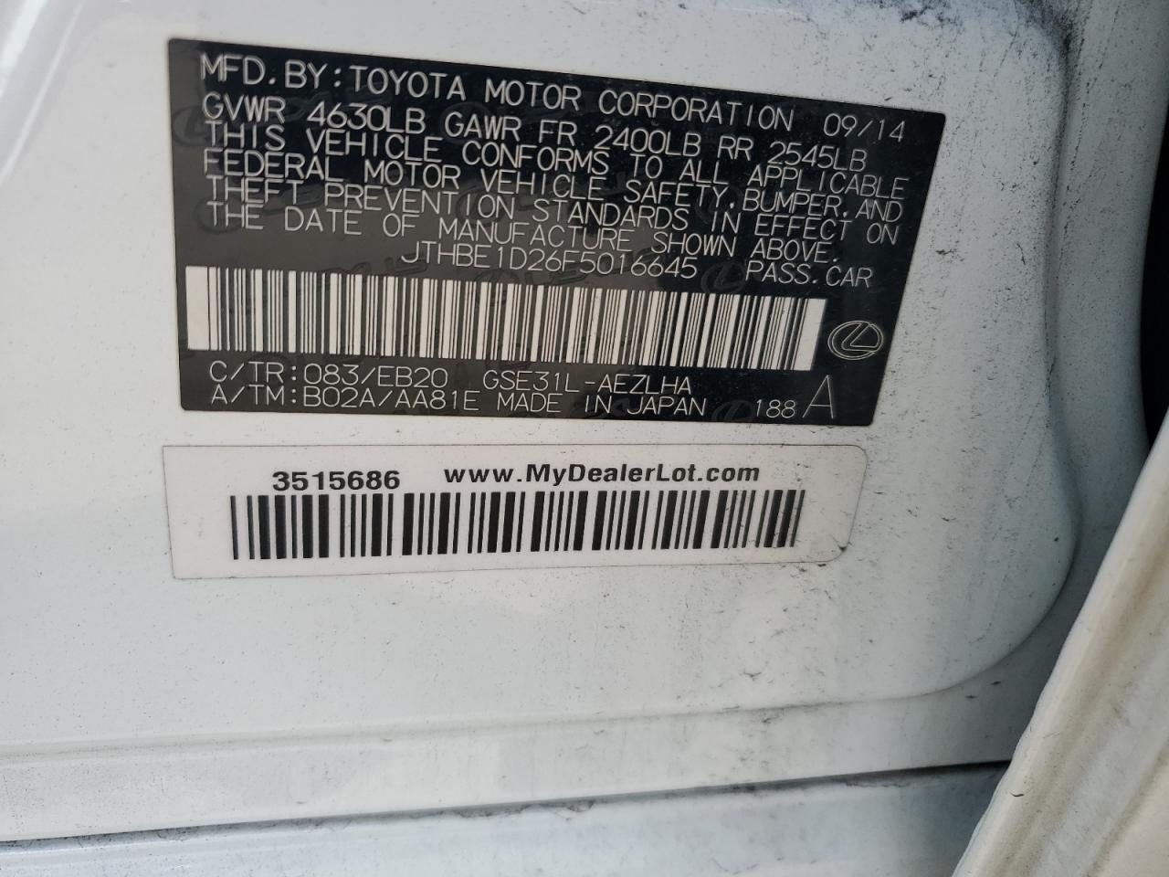 2015 Lexus Is 350 VIN: JTHBE1D26F5016645 Lot: 61414605