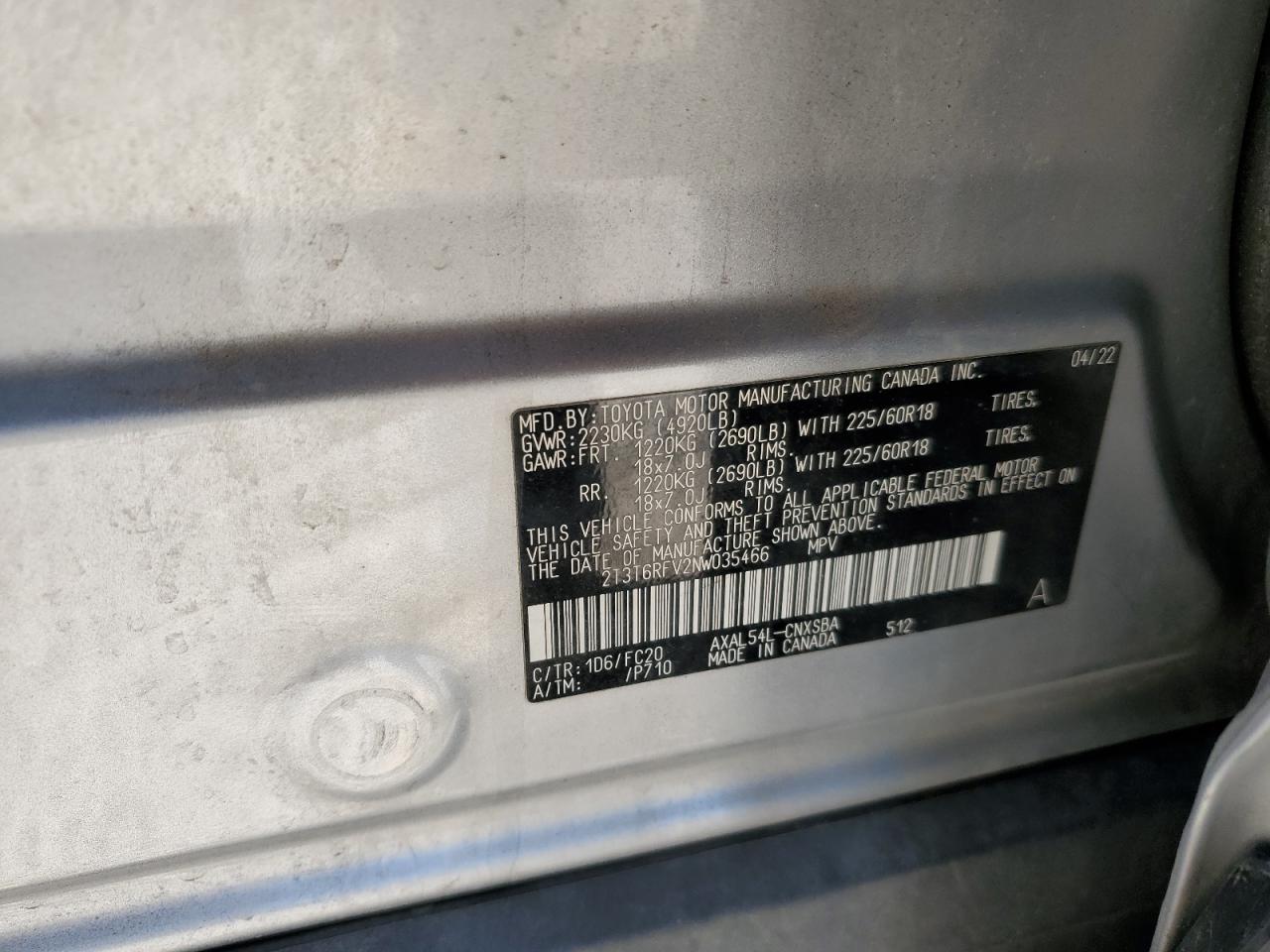 2T3T6RFV2NW035466 TOYOTA RAV4 2022