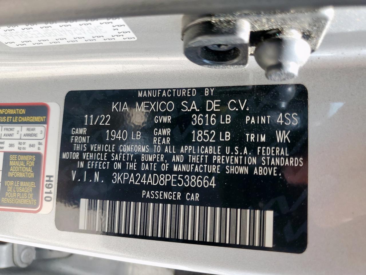 2023 Kia Rio Lx VIN: 3KPA24AD8PE538664 Lot: 62771635