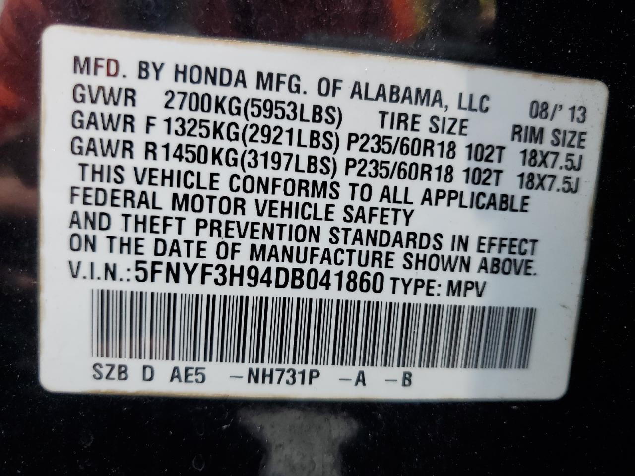 2013 Honda Pilot Touring VIN: 5FNYF3H94DB041860 Lot: 61842605