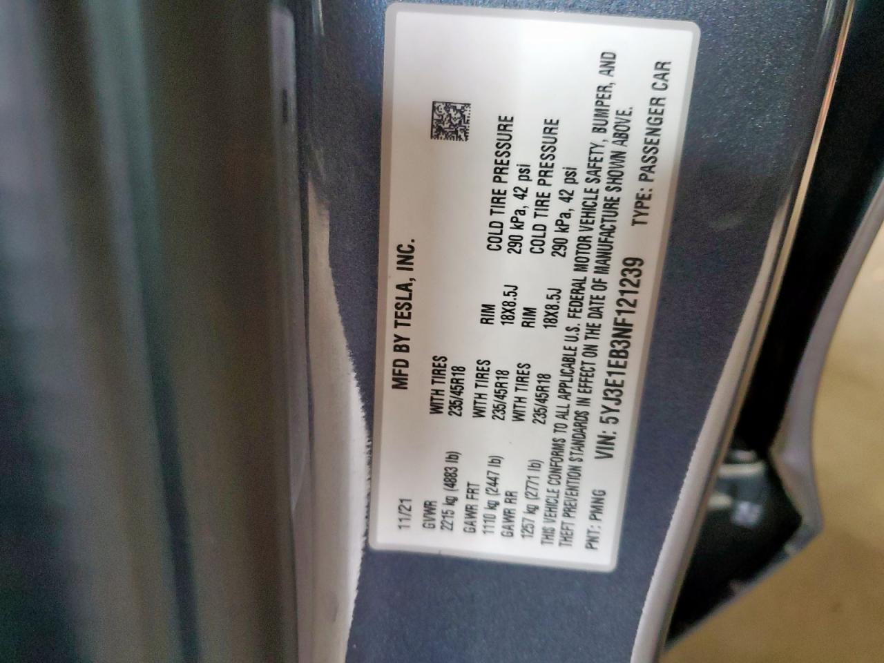 2022 Tesla Model 3 VIN: 5YJ3E1EB3NF121239 Lot: 60489745