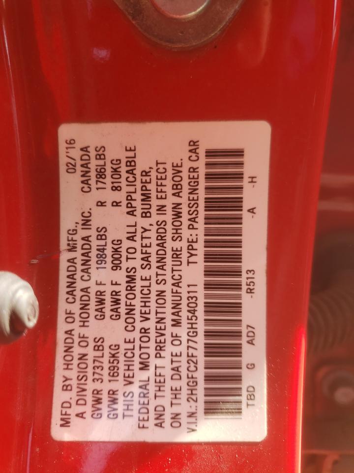 2HGFC2F77GH540311 HONDA CIVIC 2016