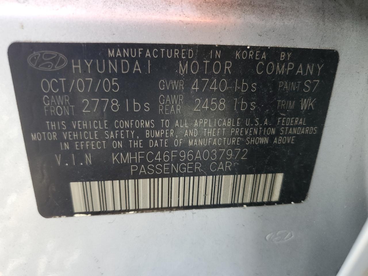 2006 Hyundai Azera Se VIN: KMHFC46F96A037972 Lot: 61035765