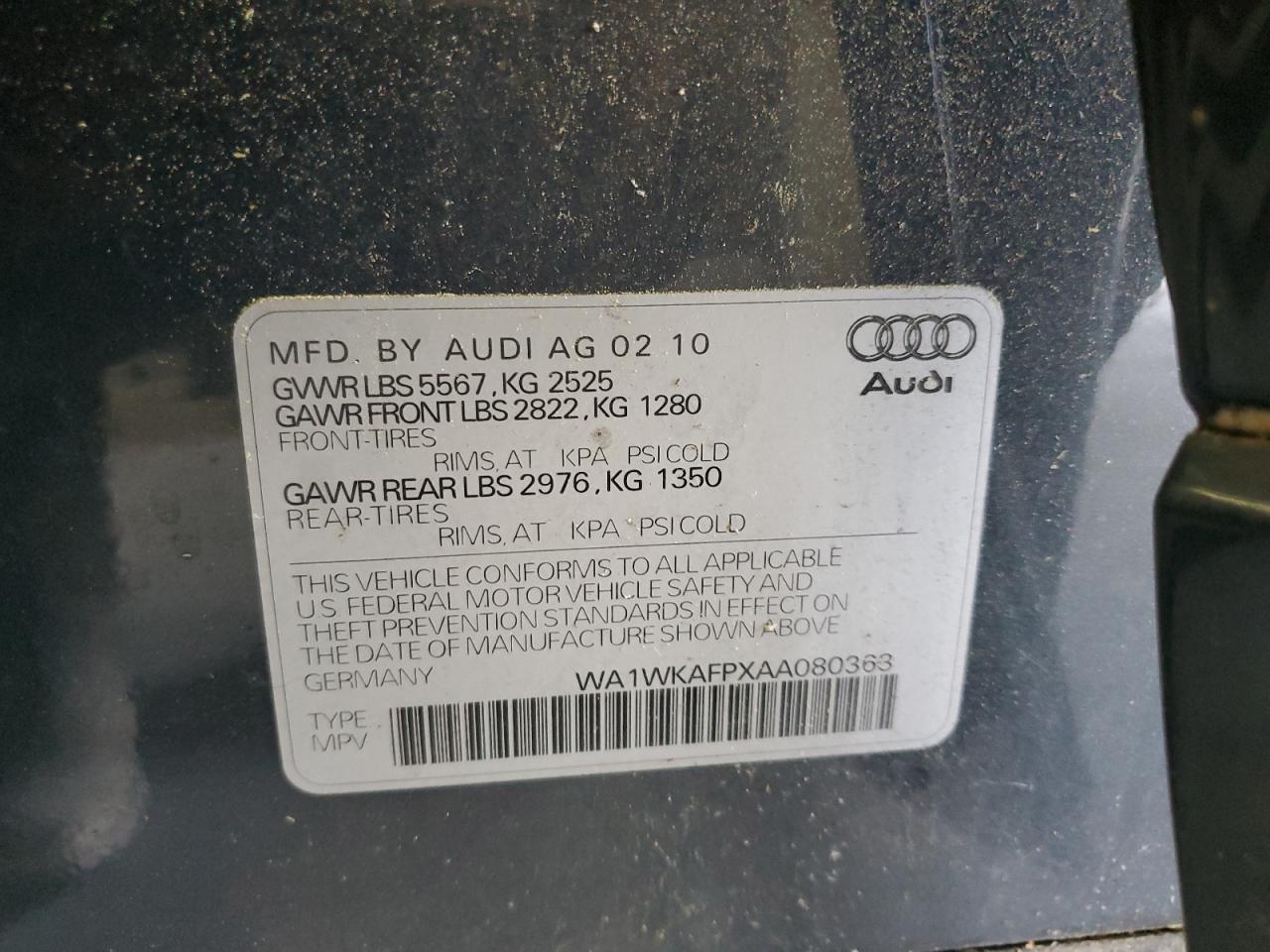 2010 Audi Q5 Prestige VIN: WA1WKAFPXAA080363 Lot: 62462995