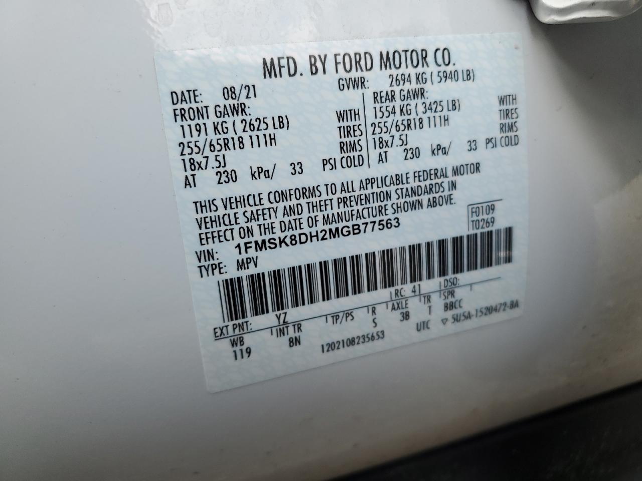 2021 Ford Explorer Xlt VIN: 1FMSK8DH2MGB77563 Lot: 62120685