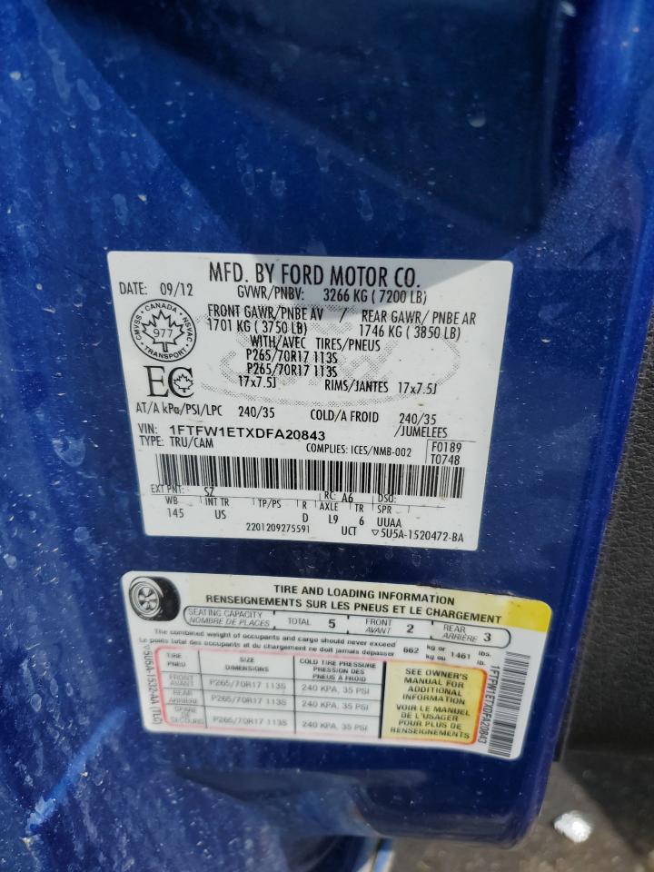 2013 Ford F150 Supercrew VIN: 1FTFW1ETXDFA20843 Lot: 59815755