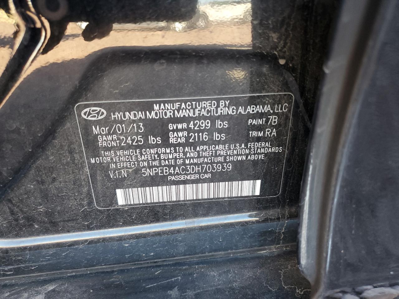 2013 Hyundai Sonata Gls VIN: 5NPEB4AC3DH703939 Lot: 61968655