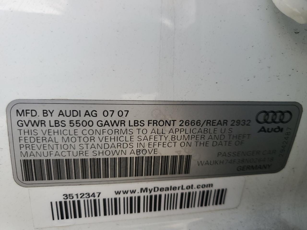 2008 Audi A6 Avant Quattro VIN: WAUKH74F38N026418 Lot: 62319625
