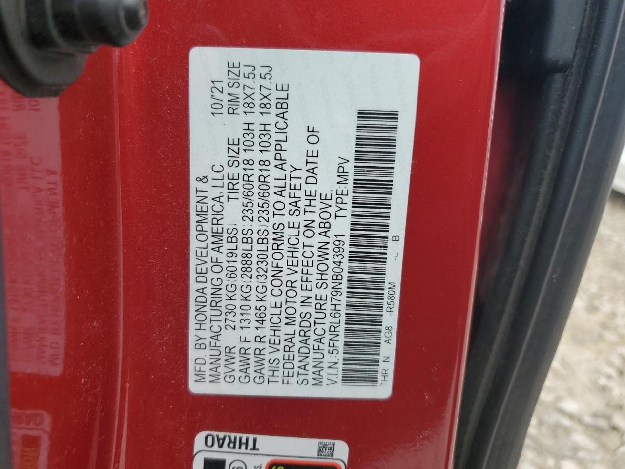 2022 Honda Odyssey Exl VIN: 5FNRL6H79NB043991 Lot: 61722535