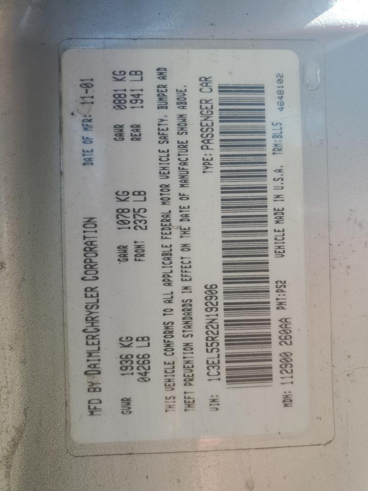 2002 Chrysler Sebring Lxi VIN: 1C3EL55R22N192906 Lot: 59119325