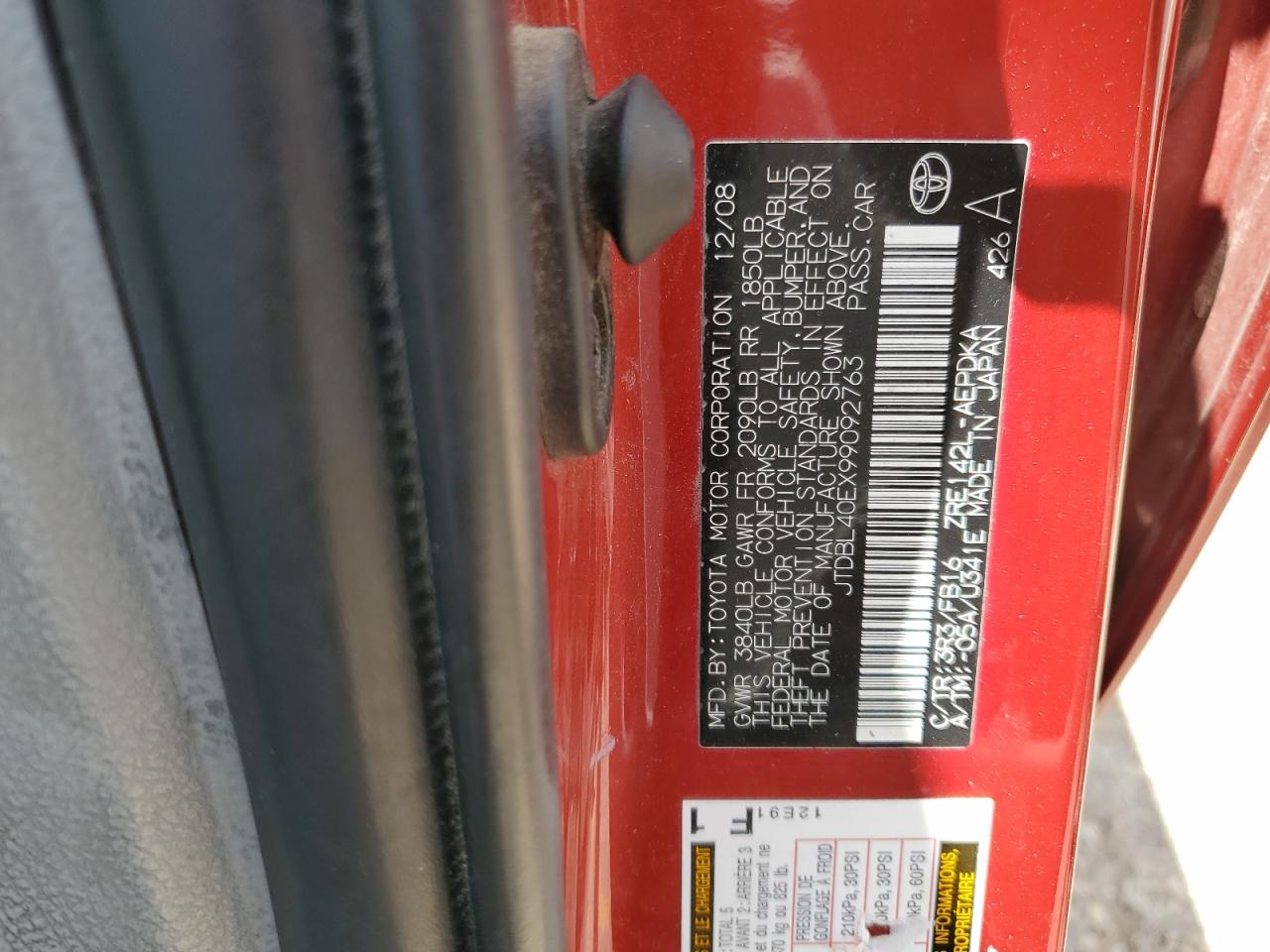 2009 Toyota Corolla Base VIN: JTDBL40EX99092763 Lot: 62095225