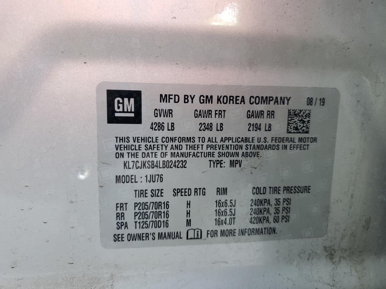 2020 Chevrolet Trax Ls VIN: KL7CJKSB4LB024232 Lot: 59215215