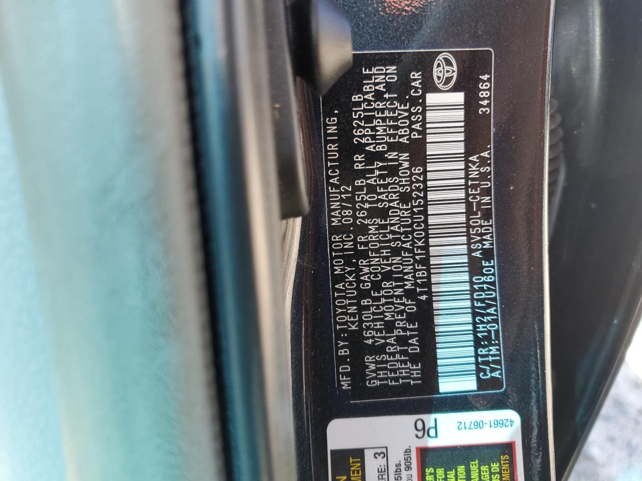 2012 Toyota Camry Base VIN: 4T1BF1FK0CU152326 Lot: 63010865