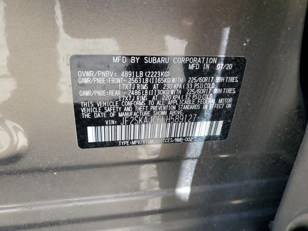 2020 Subaru Forester Premium VIN: JF2SKAJC6LH589127 Lot: 62231615