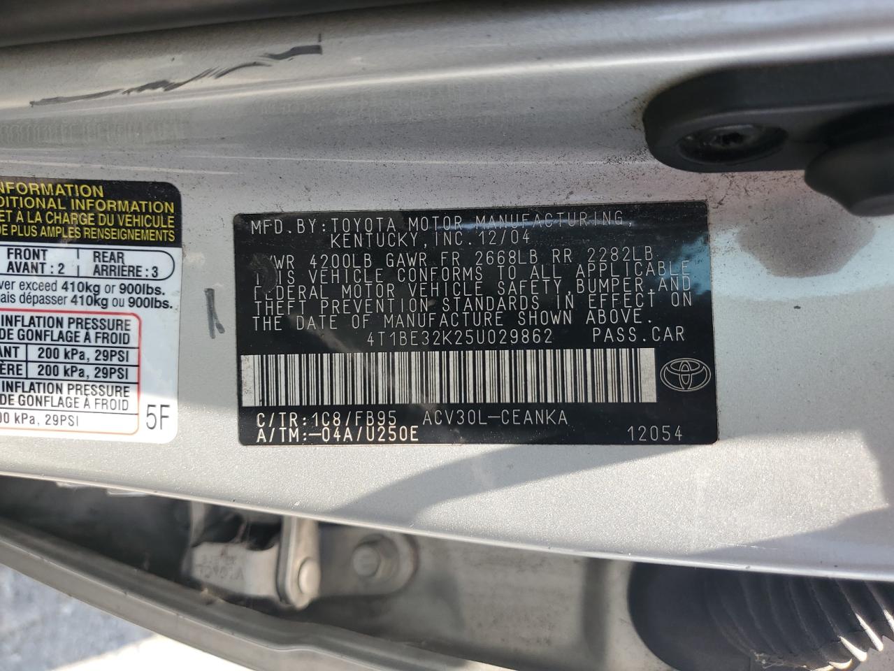 2005 Toyota Camry Le VIN: 4T1BE32K25U029862 Lot: 60167565