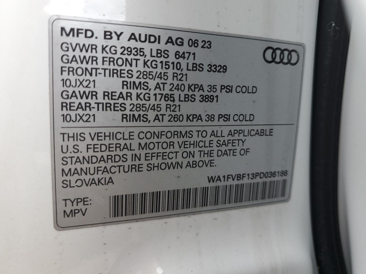 2023 Audi Q8 Prestige S-Line VIN: WA1FVBF13PD036186 Lot: 61083645