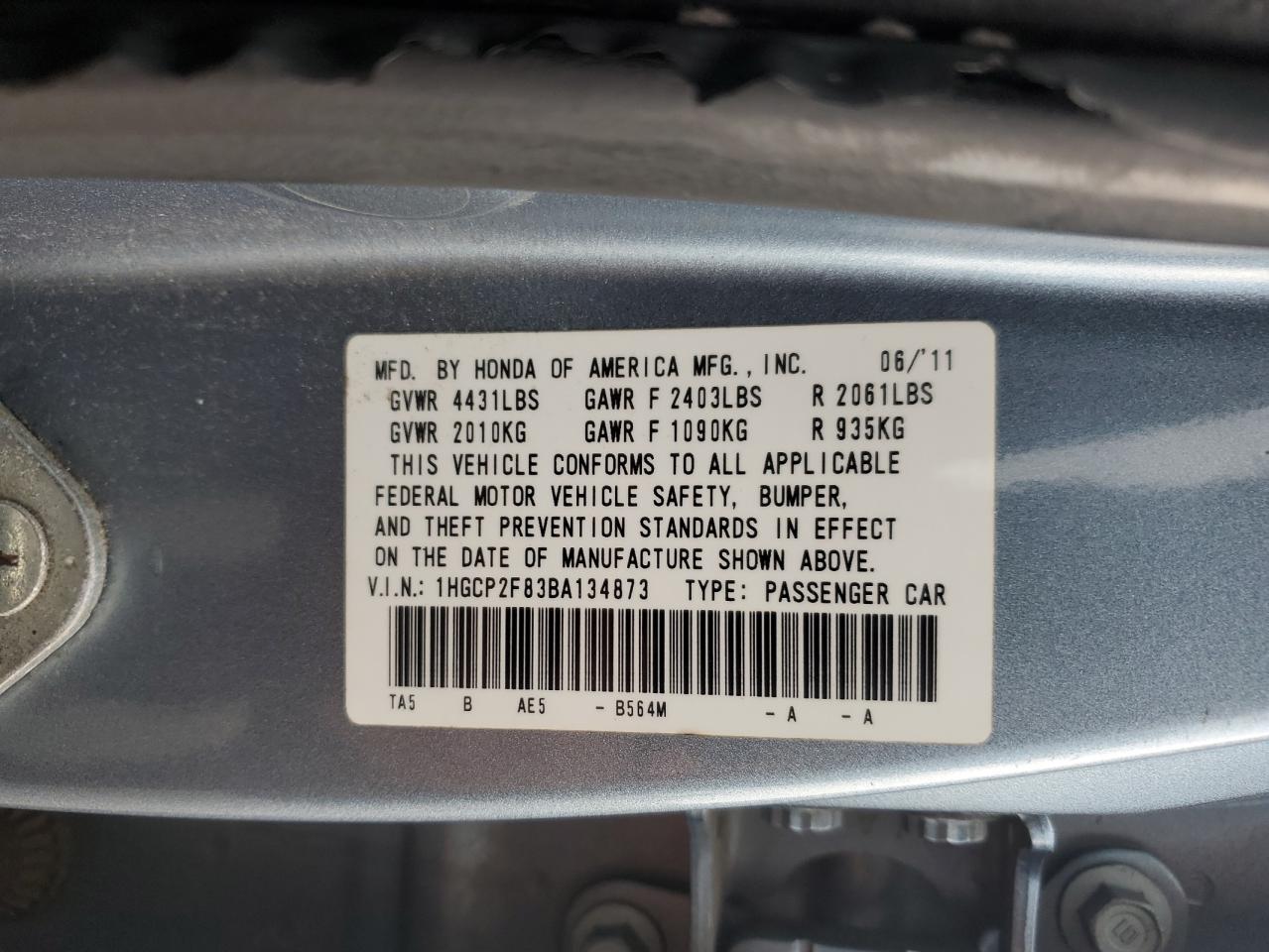 2011 Honda Accord Exl VIN: 1HGCP2F83BA134873 Lot: 63083275