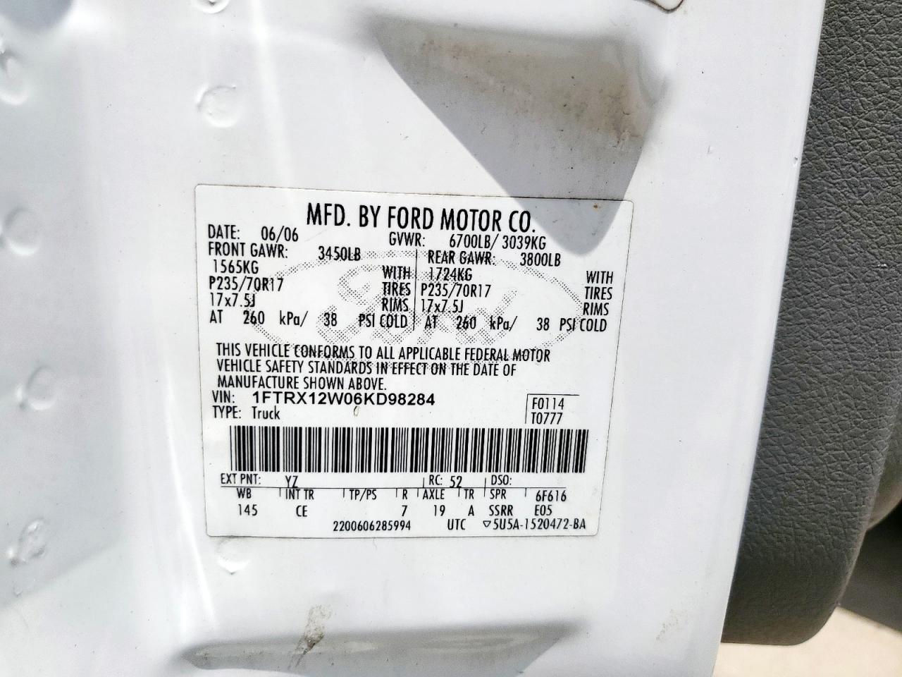 2006 Ford F150 VIN: 1FTRX12W06KD98284 Lot: 66648145