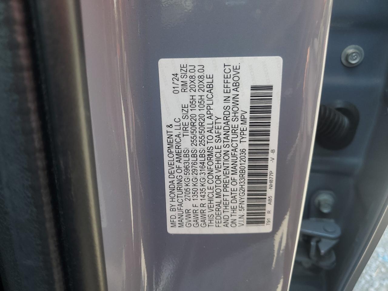 2024 Honda Pilot Sport VIN: 5FNYG2H33RB012036 Lot: 63045255