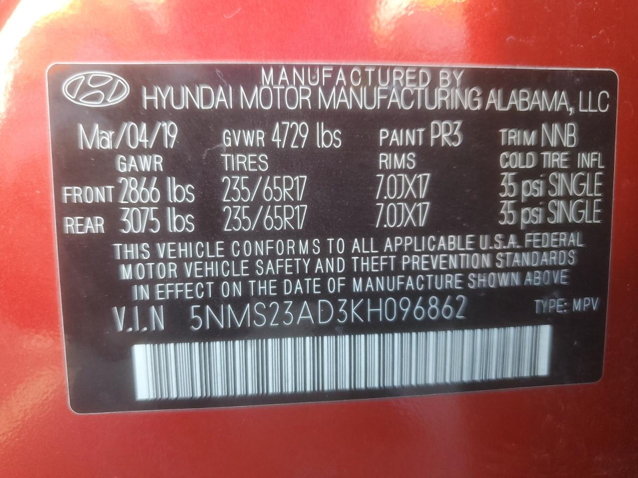 2019 Hyundai Santa Fe Se VIN: 5NMS23AD3KH096862 Lot: 62309205