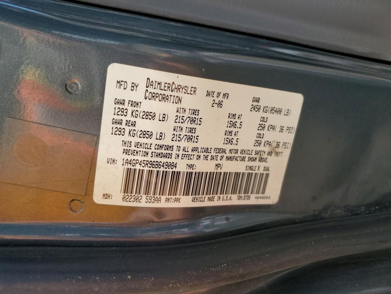 2006 Chrysler Town & Country VIN: 1A4GP45R96B649084 Lot: 61084825