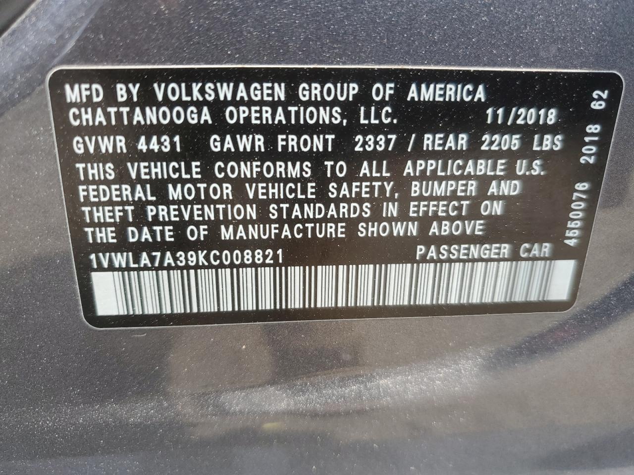 2019 Volkswagen Passat Wolfsburg VIN: 1VWLA7A39KC008821 Lot: 60417235