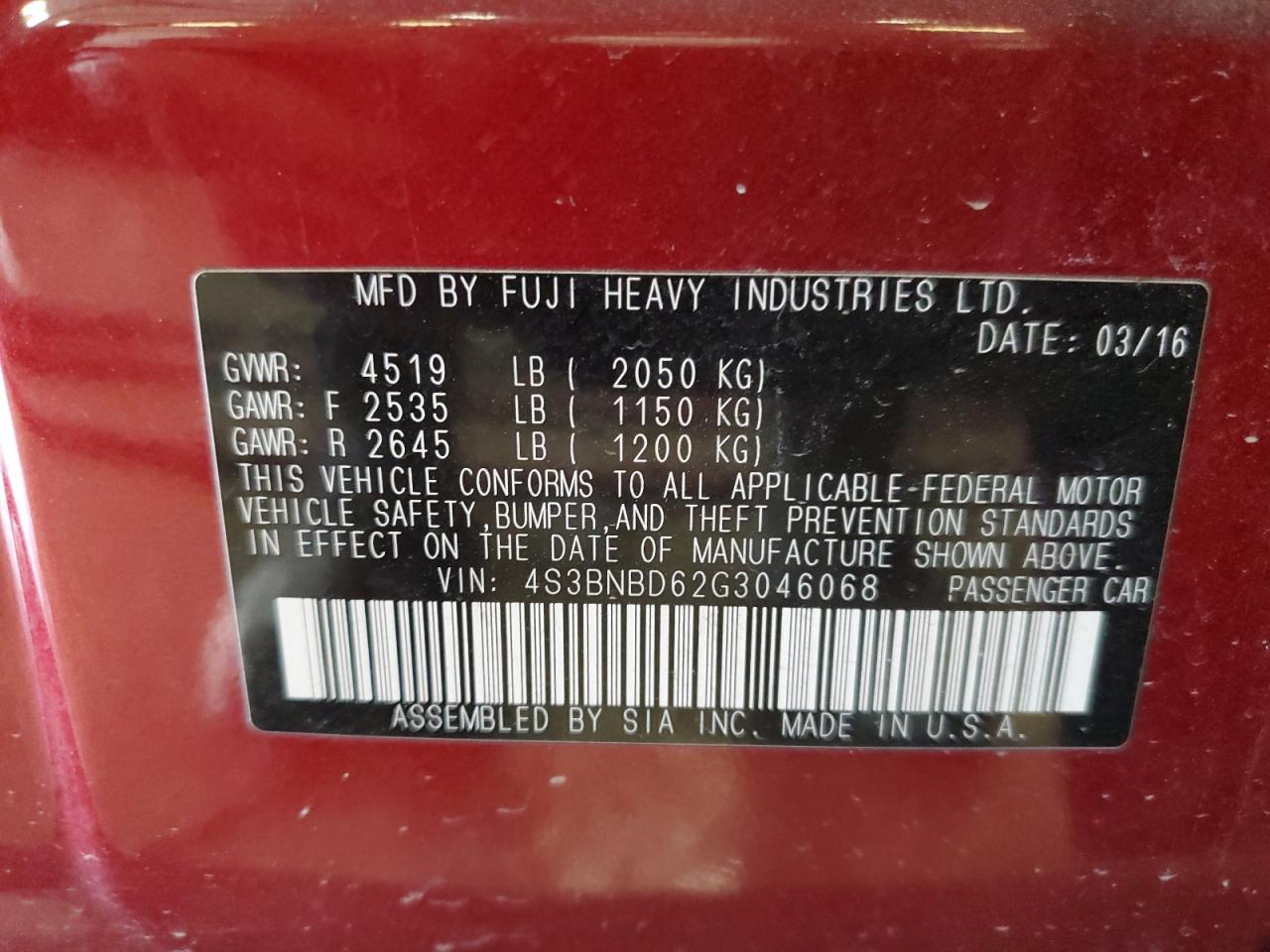 4S3BNBD62G3046068 SUBARU LEGACY 2016
