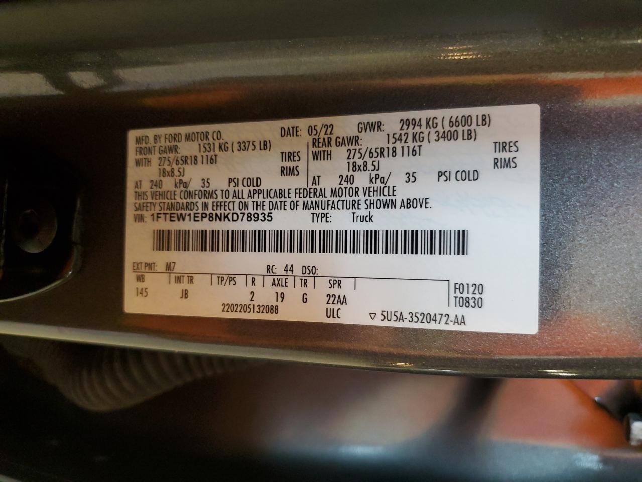 2022 Ford F150 Supercrew VIN: 1FTEW1EP8NKD78935 Lot: 62707795