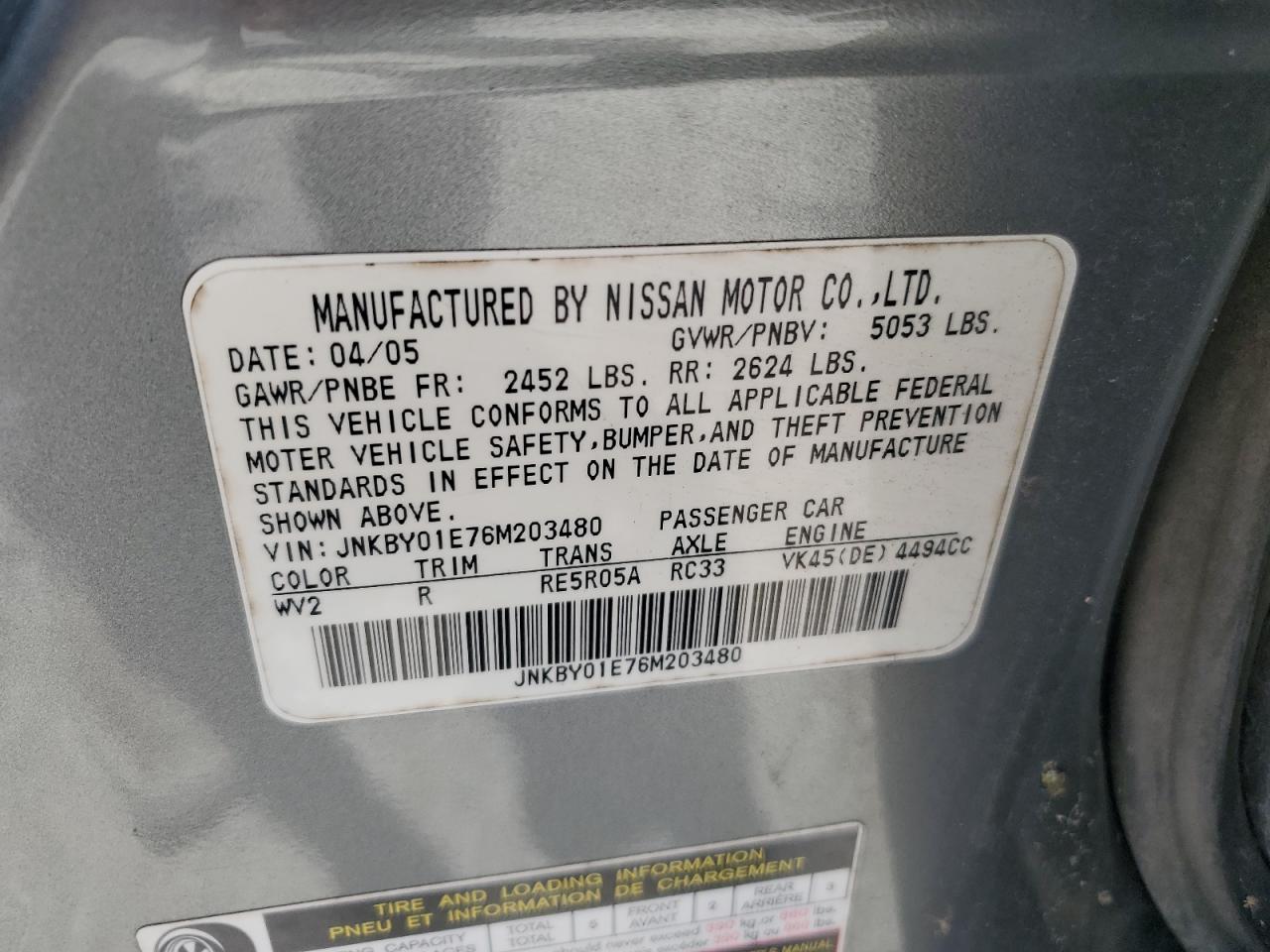 2006 Infiniti M45 Base VIN: JNKBY01E76M203480 Lot: 62130145