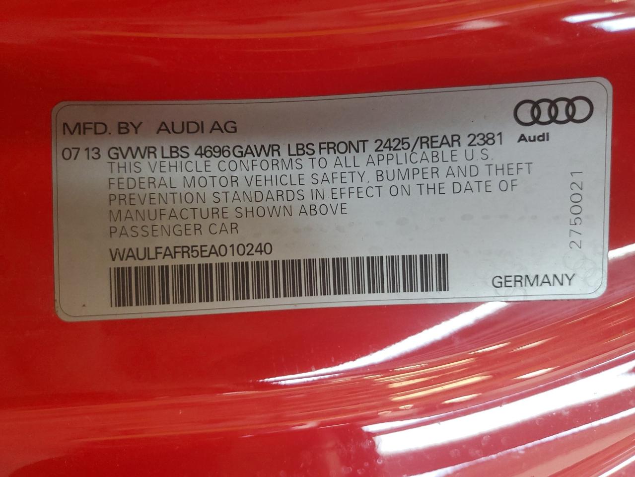 2014 Audi A5 Premium Plus VIN: WAULFAFR5EA010240 Lot: 61819425
