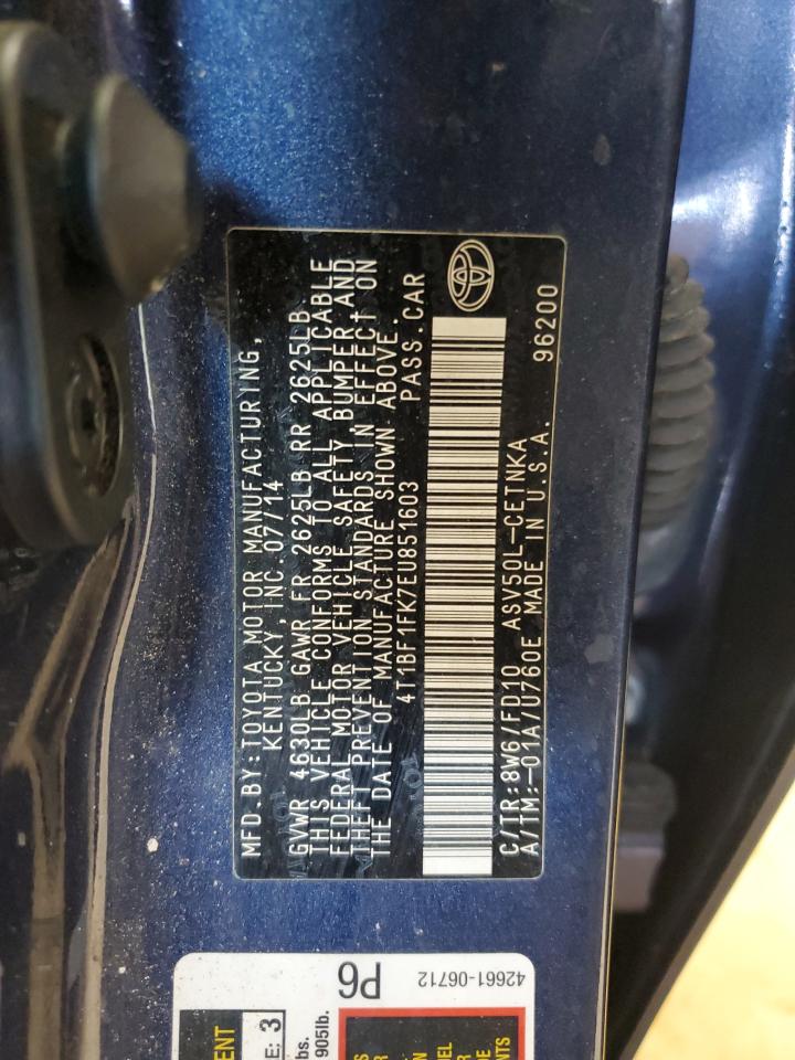 2014 Toyota Camry L VIN: 4T1BF1FK7EU851603 Lot: 62988745