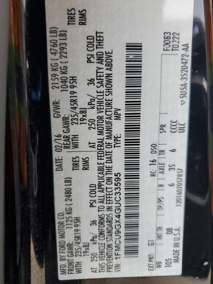2016 Ford Escape Se VIN: 1FMCU9GX4GUC33595 Lot: 63084225