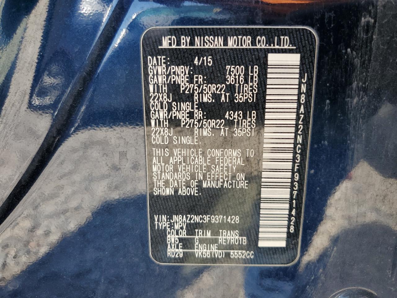 2015 Infiniti Qx80 VIN: JN8AZ2NC3F9371428 Lot: 61965955