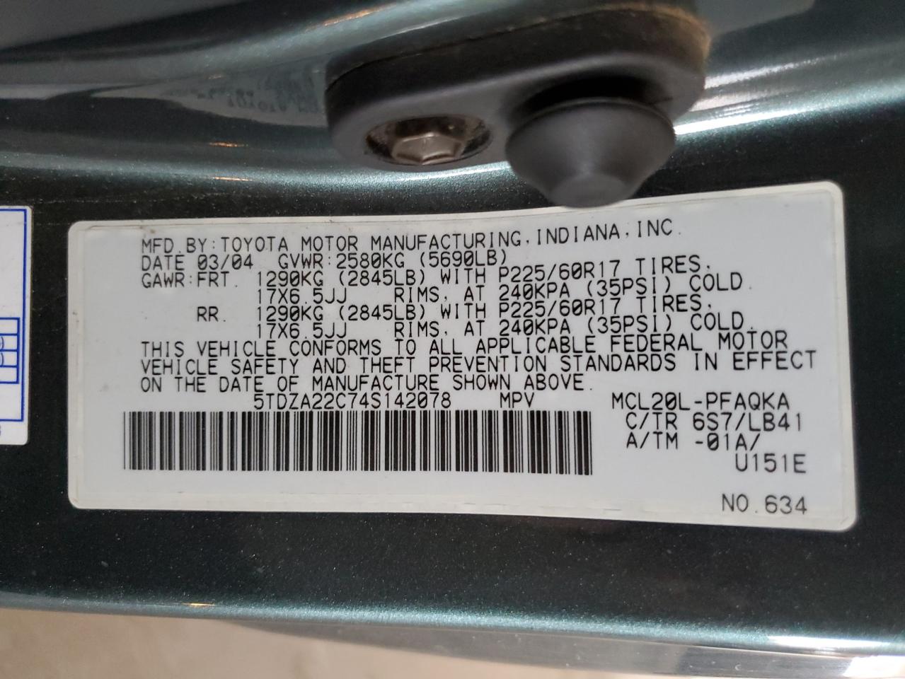 2004 Toyota Sienna Xle VIN: 5TDZA22C74S142078 Lot: 63233635