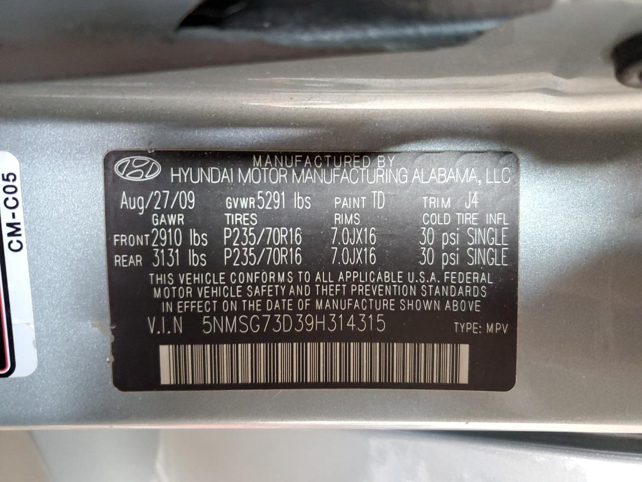 2009 Hyundai Santa Fe Gls VIN: 5NMSG73D39H314315 Lot: 62668555